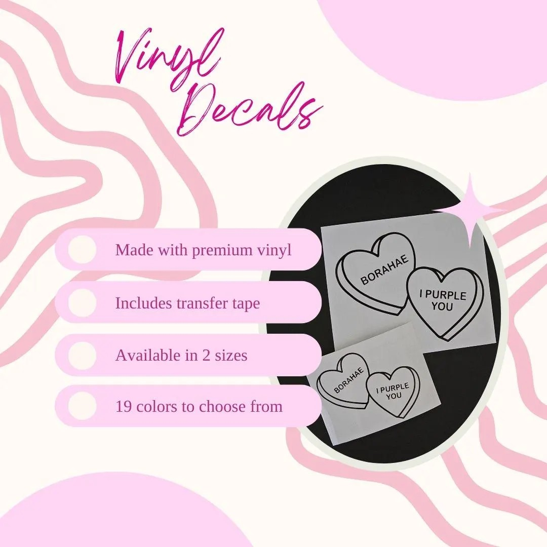 BTS Borahae Candy Hearts Vinyl Decal (19 Colors to Choose From!)
